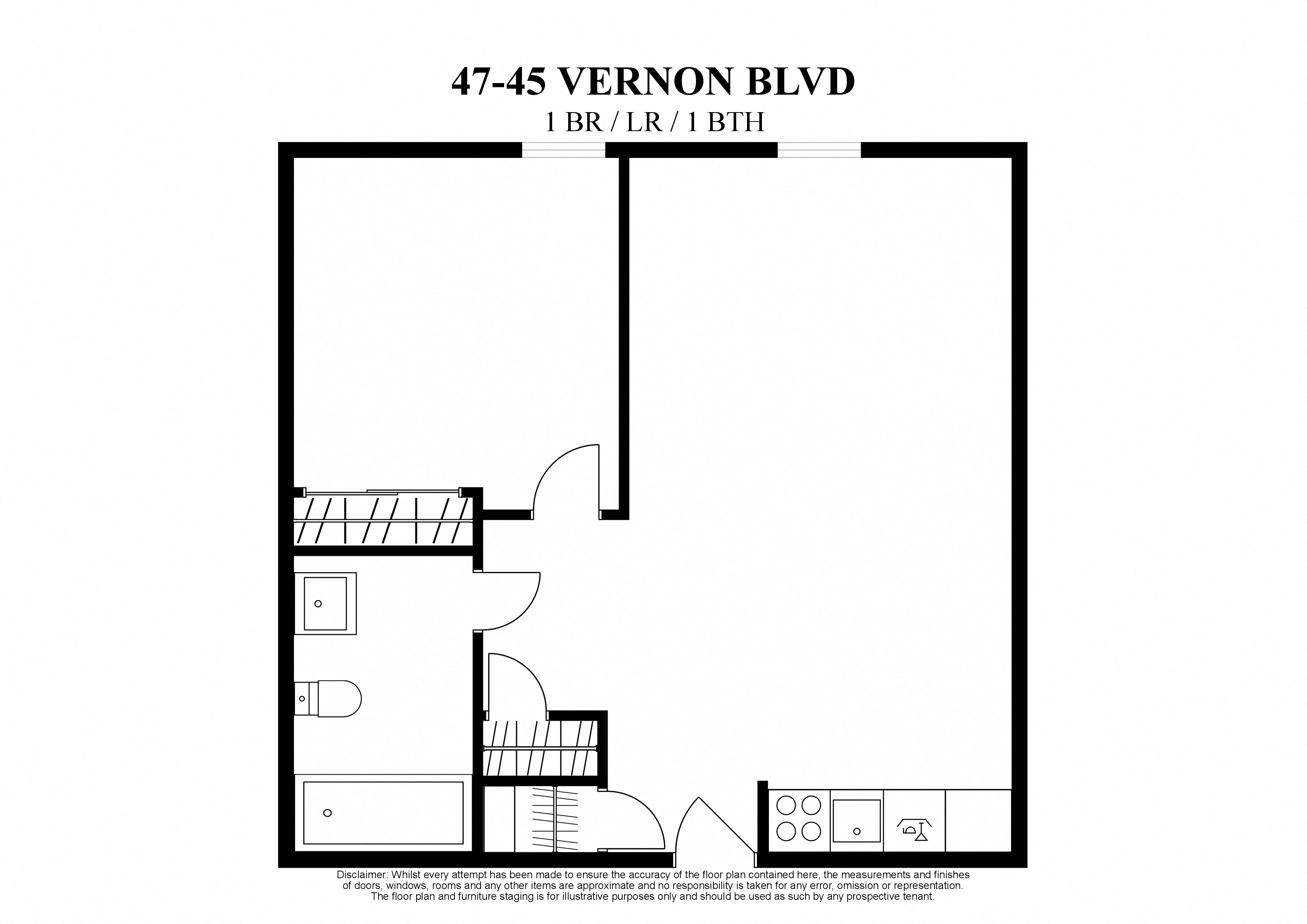 Floor plan for 1 bed, 1 bath, 460 sqft